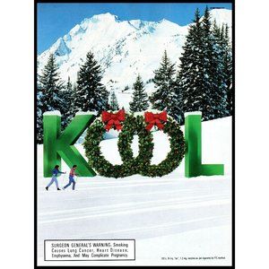 1995 Kool Cigarettes Vintage Print Ad Christmas Wreath Cross Country Skiing Art
